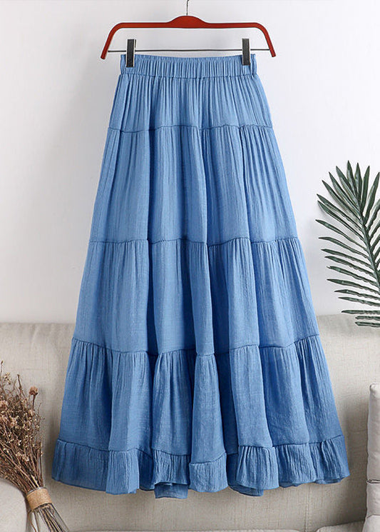 Loose Blue Elastic Waist Patchwork Wrinkled Chiffon a Line Skirt Summer