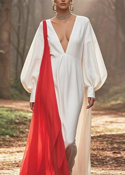 White V Neck Patchwork Silk Dress Lantern Sleeve