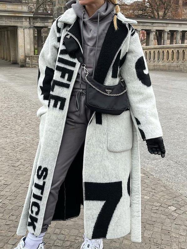 Letter Print Pocket Long Woolen Coat