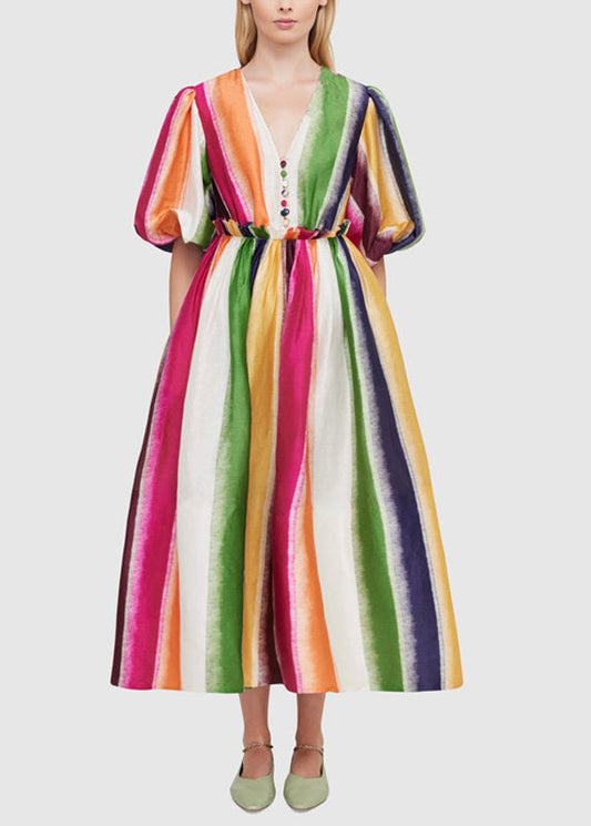 Rainbow V Neck High Waist Cotton Long Dress Summer