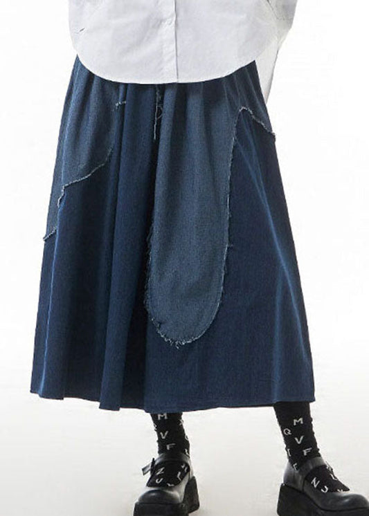 Classy Blue Elastic Waist Patchwork Denim Skirts Spring