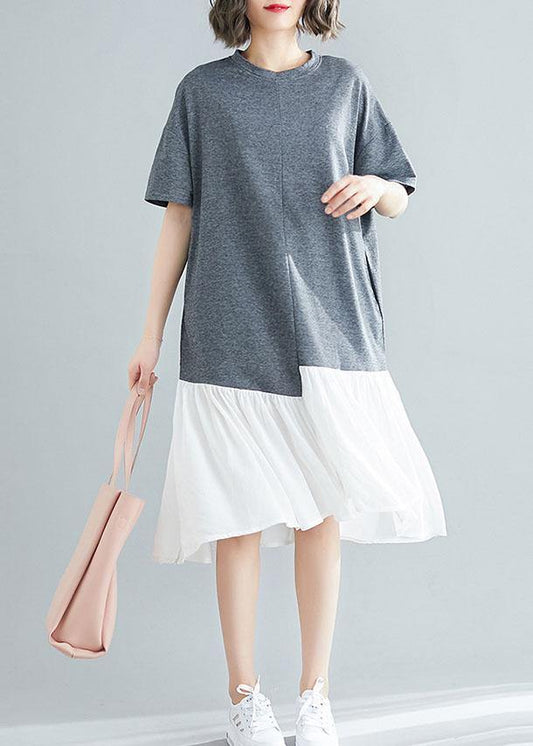 Unique Asymmetric Patchwork Cotton Tunic Shirts Gray Short Sleeve Traveling Dresses Summer