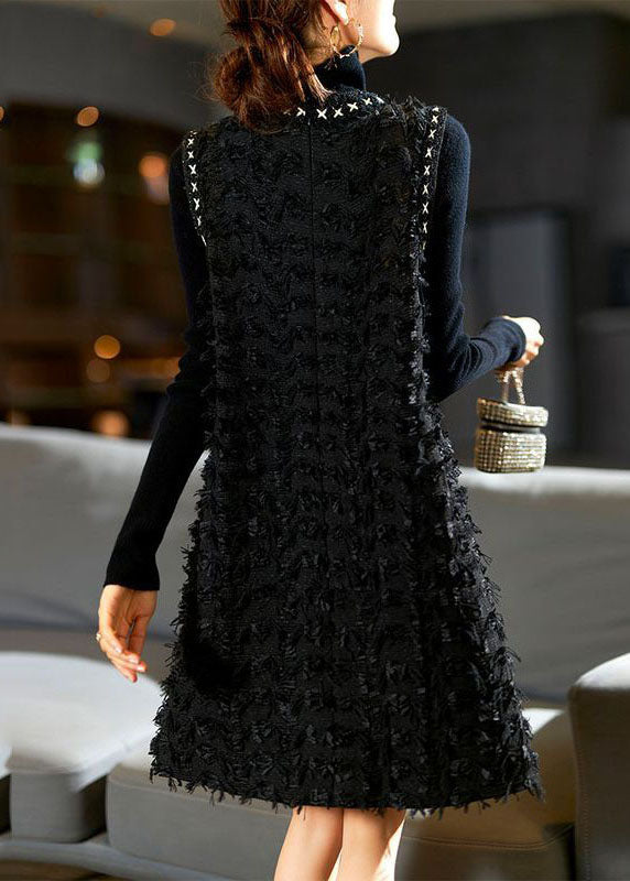 Black V Neck Patchwork Tassel Mid Dress Fall