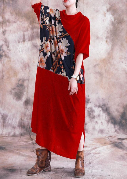 Patchwork Prints Clothes for Neckline Red Long Dress Fall