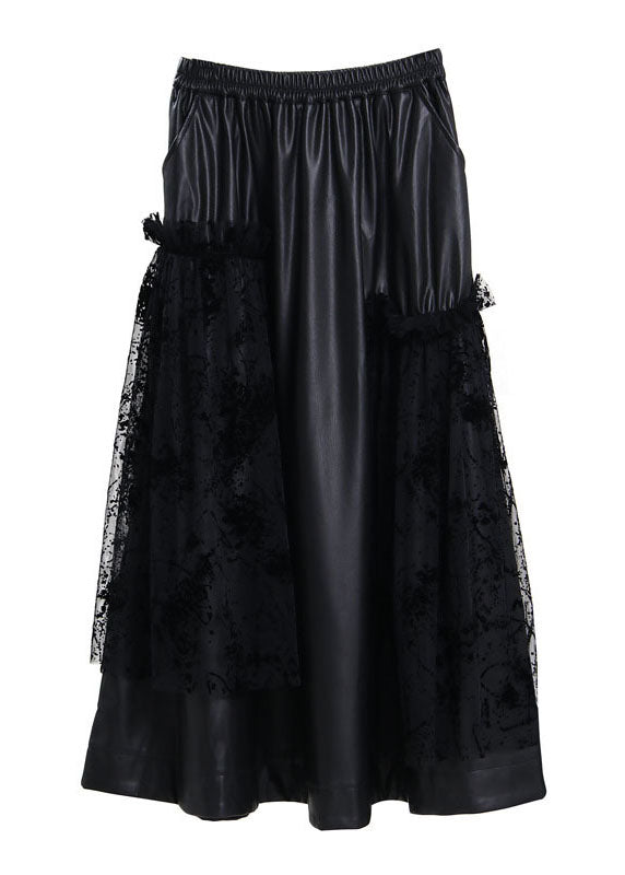 Black Elastic Waist Lace Patchwork Faux Leather Skirt Spring