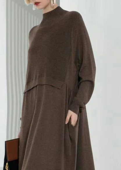 Coffee Turtle Neck Patchwork Wool Knit Sweater Dress Long Sleeve
