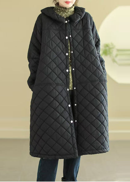 Black Oversized Plaid Fine Cotton Filled Puffer Jacket Winter