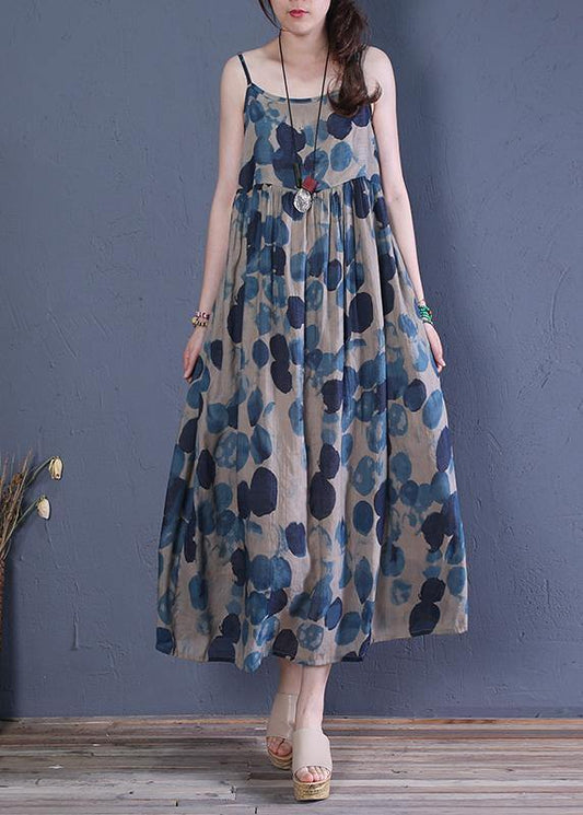 Spaghetti Strap Cinched Cotton Dresses Runway Blue Print a Line Dress