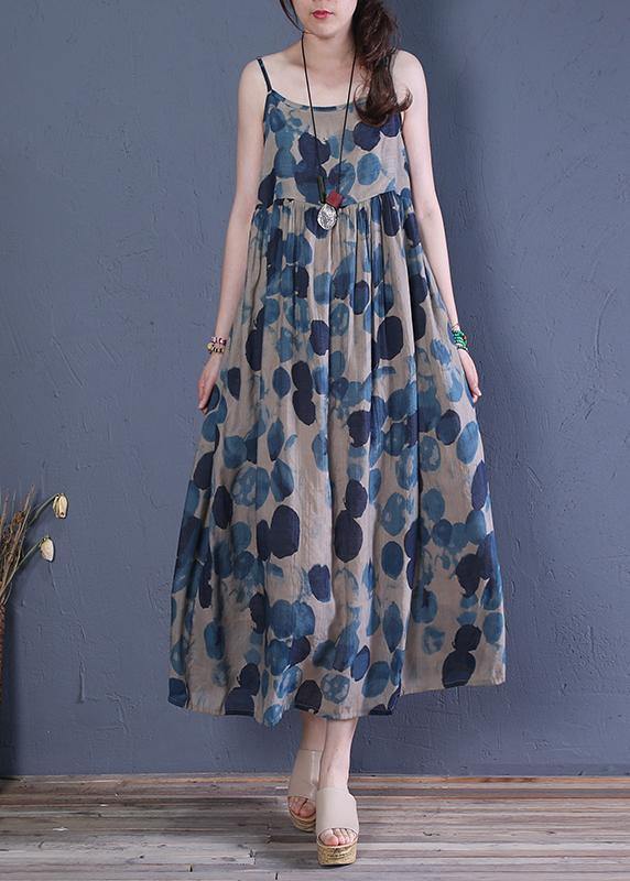 Spaghetti Strap Cinched Cotton Dresses Runway Blue Print a Line Dress