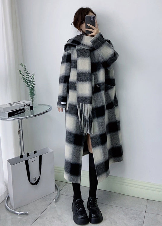Black V Neck Pockets Plaid Wool Coats Winter