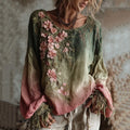 Vintage Cherry Blossom Gradient Linen Long Sleeve Shirt elevenforest