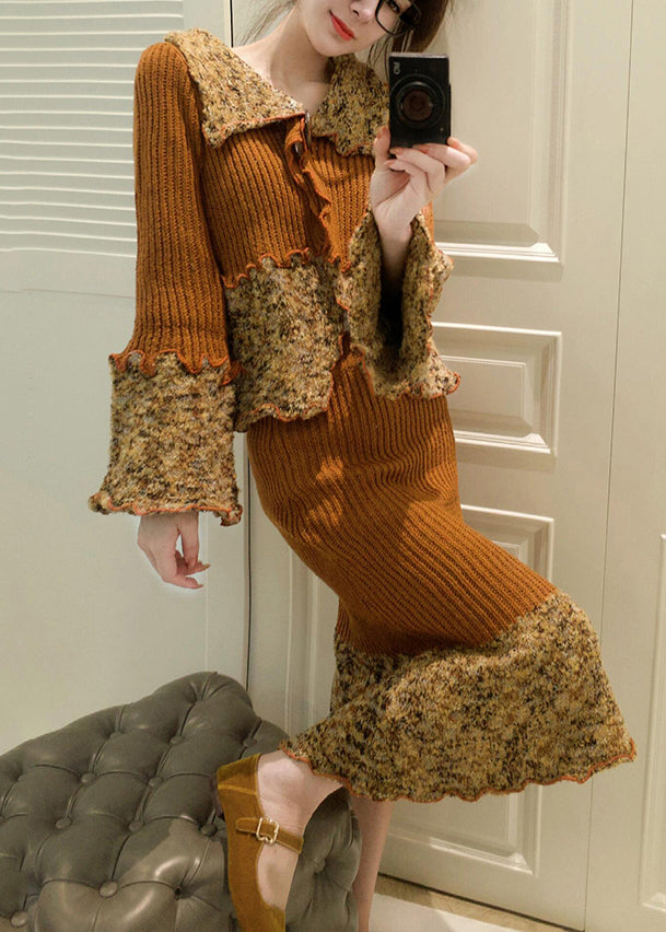 French Peter Pan Collar Print Patchwork Cotton Knit Cardigans and Maxi Skirts Two Pieces Set Spring