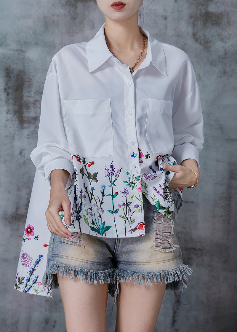 White Oversized Dandelion Print Cotton Shirt Tops Spring