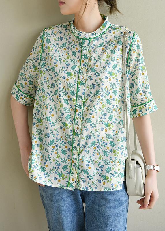 Short Sleeve Green Print Cotton Blouses