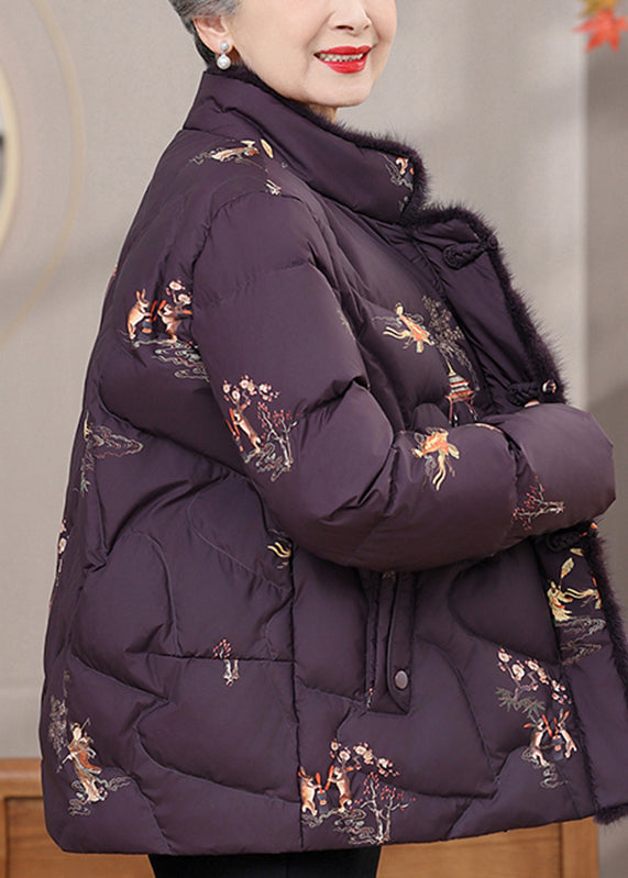 Orange Fur Collar Print Button Warm Fine Cotton Filled Coats Winter