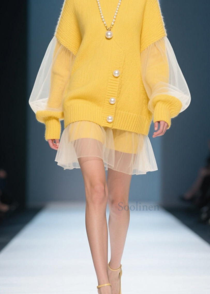 Yellow O Neck Tulle Patchwork Knit Dress Fall