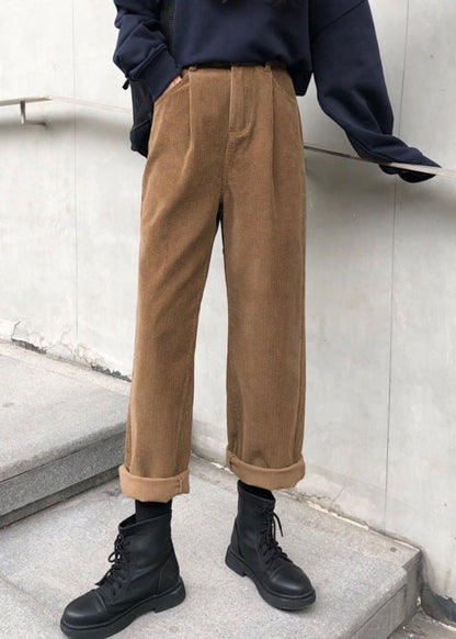 Khaki Pockets High Waist Warm Fleece Pants Fall