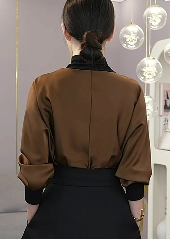 Mulberry Hign Neck Wrinkled Patchwork Silk Shirt Tops Fall