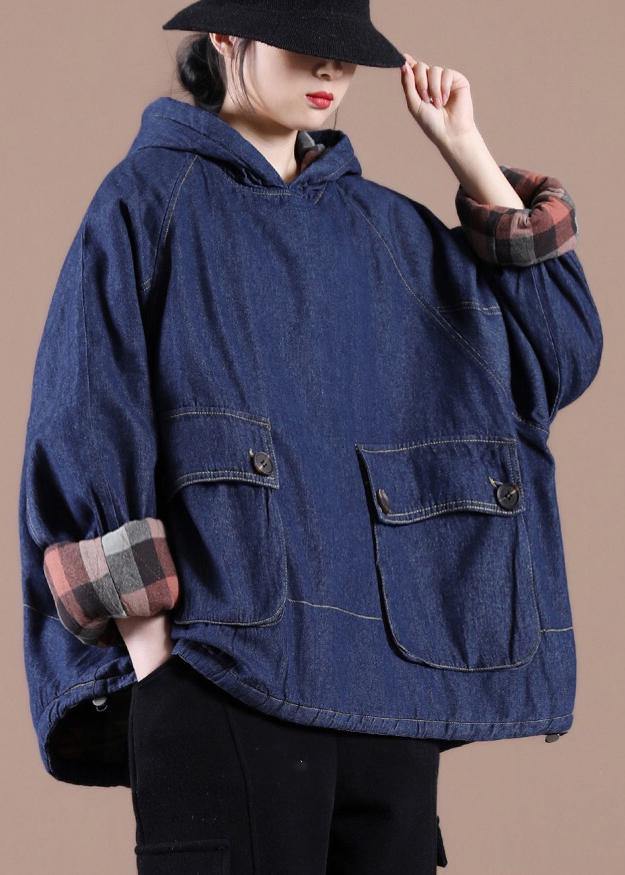 French Denim Blue Clothes for Hooded Pockets Oversized Tops