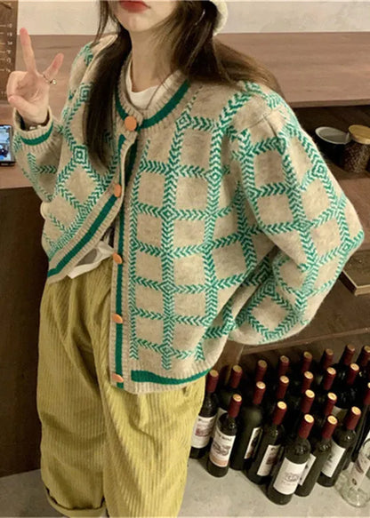 Boutique Green O Neck Plaid Button Knit Coat Fall