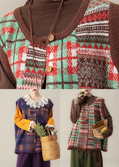 Organic Purple Plaid O-neck Cotton Knit Waistcoat Sleeveless