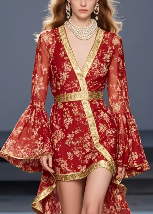 Red Print Asymmetrical Design Chiffon Mid Dress Flare Sleeve