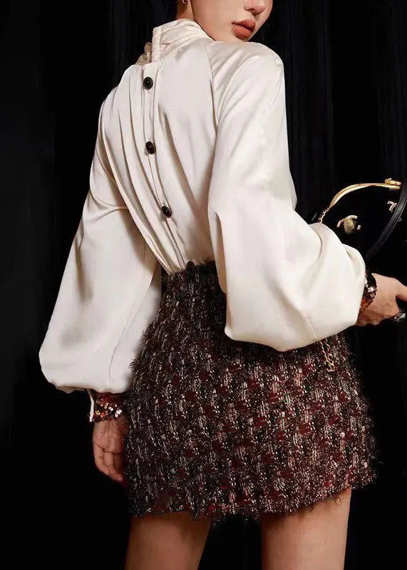 Loose White Sequins Shirts and Skirts Silk Cotton Two Pieces Set Long Sleeve