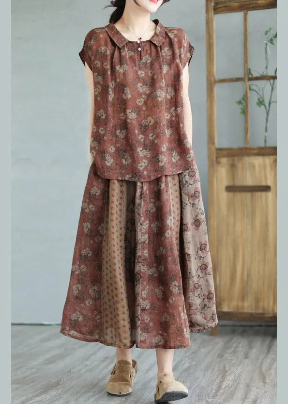 Handmade Peter Pan Collar Print Linen Shirts and Maxi Skirts Two Pieces Set Summer