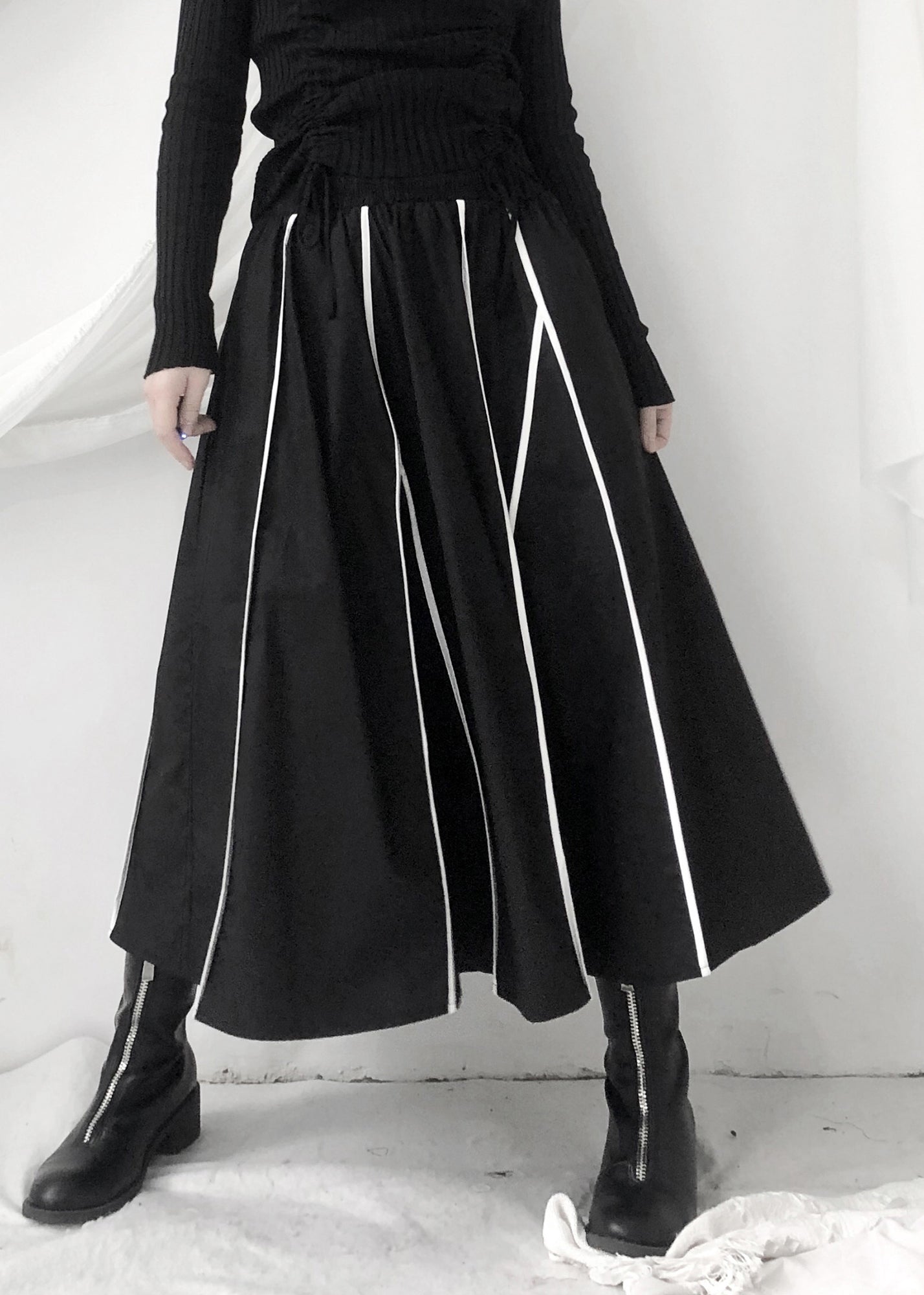 Black Striped Patchwork Pockets Elastic Waist Skirt Fall
