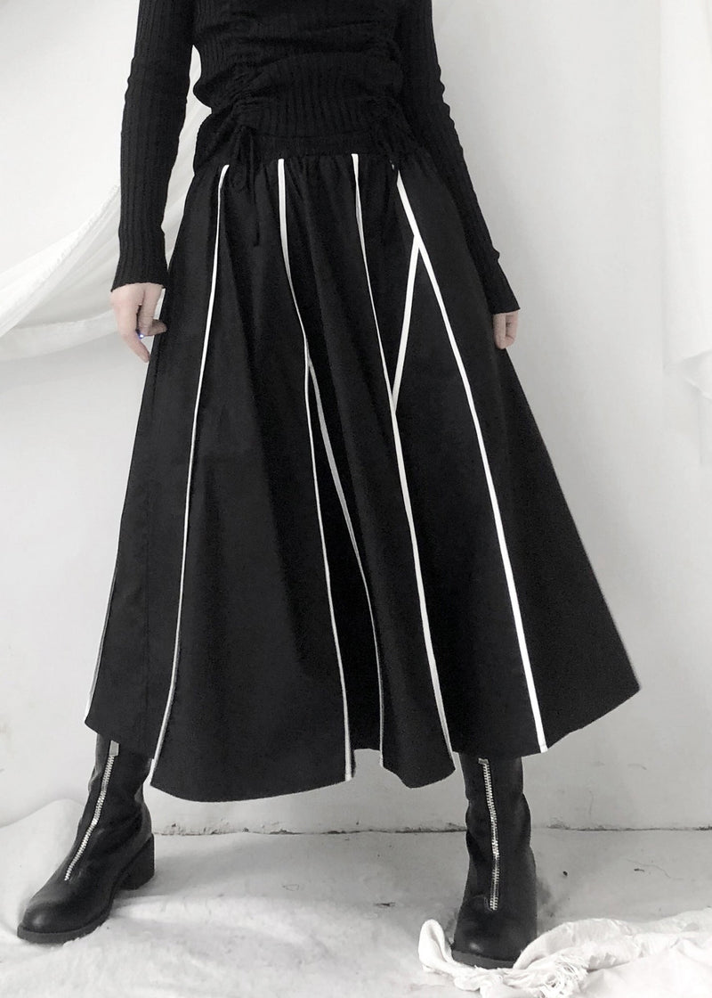 Black Striped Patchwork Pockets Elastic Waist Skirt Fall