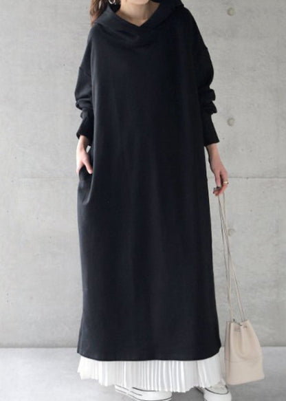 Loose Grey Hooded Cotton Sweatshirt Dress Spring