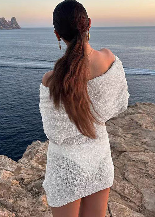 European and American Knitted Hollow Out Slash Neck Short Dress