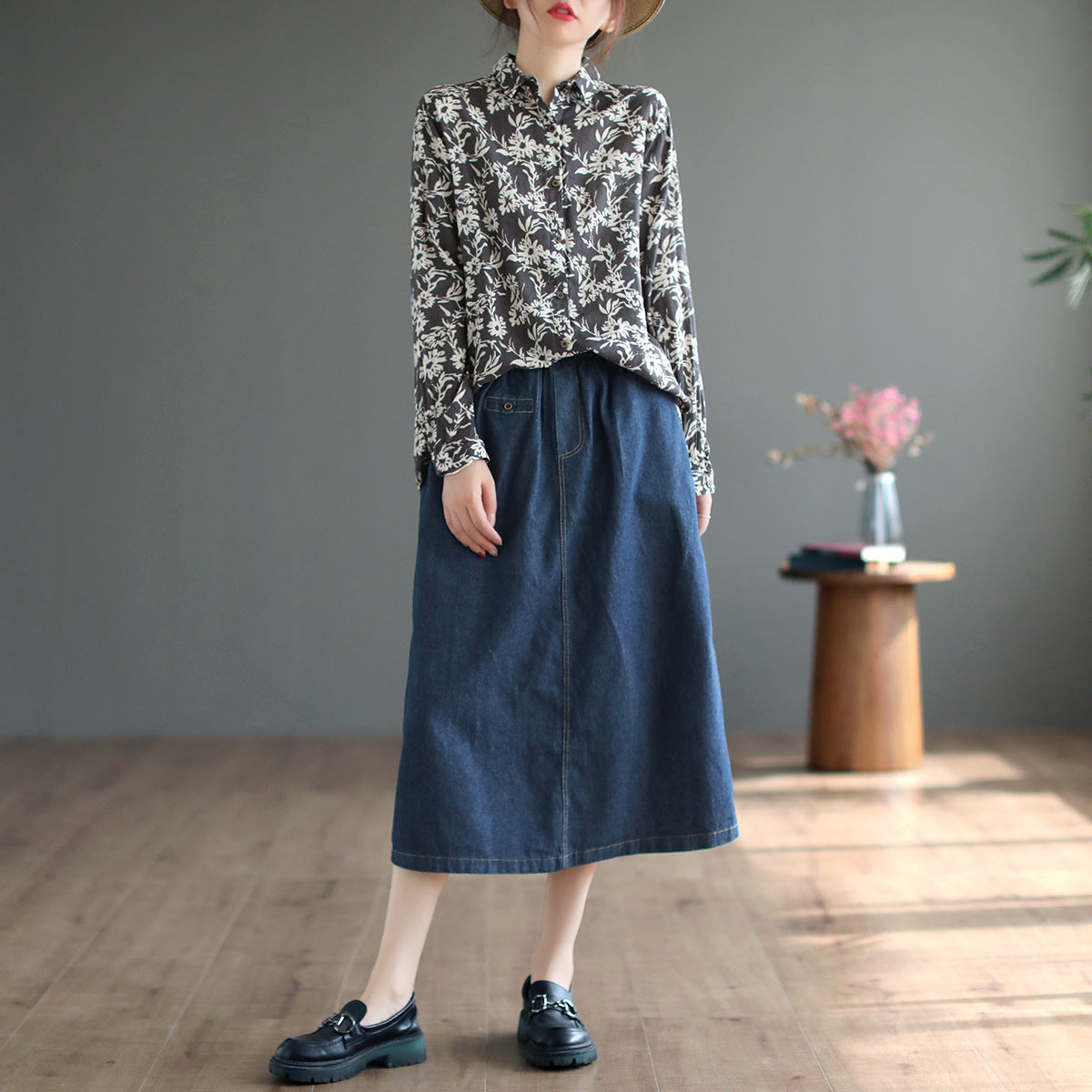 Autumn Retro High Waist Cotton A-line Skirt