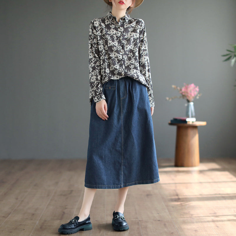 Autumn Retro High Waist Cotton A-line Skirt