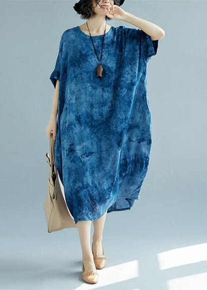 Blue Long Linen Dress O Neck Linen Clothing Dresses Short Sleeve Baggy Dresses Linen Caftans