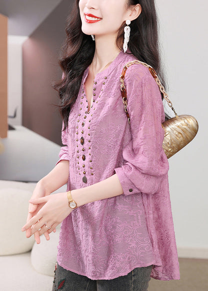 Purple Embroidered Nail Bead Cotton Shirts Long Sleeve