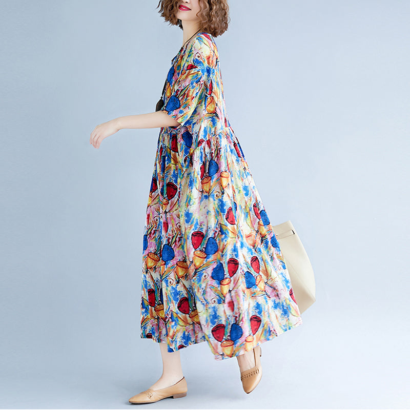 Fine Blue Linen Dresses Loose Fitting Short Sleeve Print Cotton Maxi Dress Fine O Neck Caftans