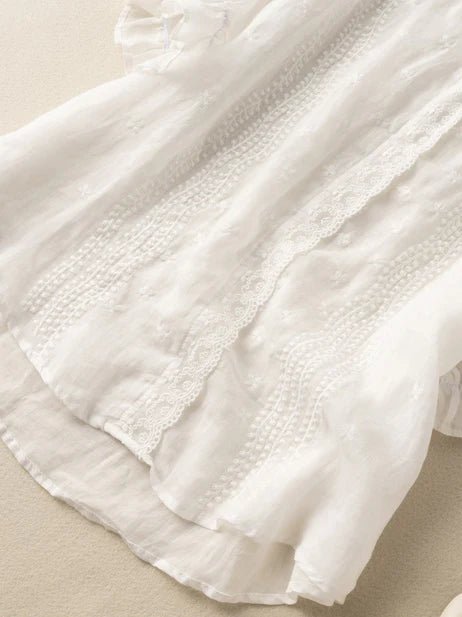 Embroidered V Neck Ruffled Short Sleeve Linen Top