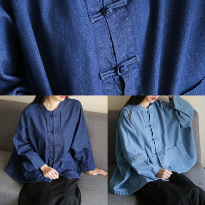 Loose Stand Collar Chinese Button Clothes for Sleeve Denim Light Blue Shirts