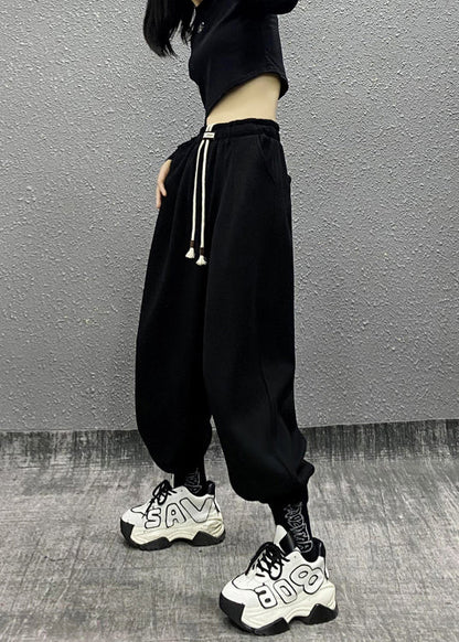 Black Pockets Drawstring Warm Fleece Sport Beam Pants Winter