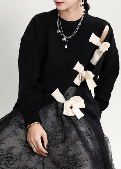 Organic Black O-neck Patchwork Asymmetrical Design Fall Knit Knitted Sweaters