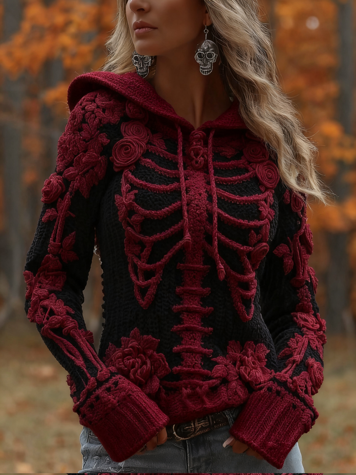 Women's Halloween Skeleton Bones With Roses Art Knitted Warm Hooded Sweater artswardrobe