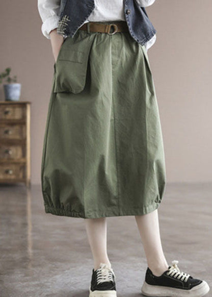 Green Patchwork Cotton Skirt High Waist Pockets Summer