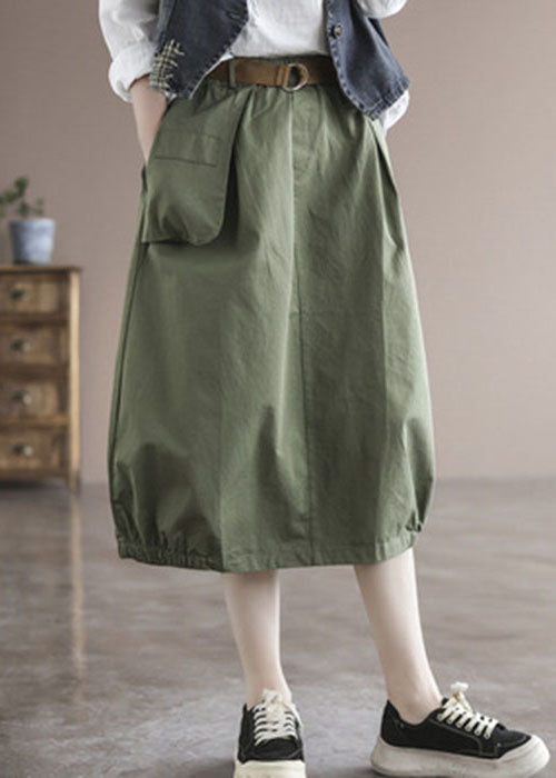 Green Patchwork Cotton Skirt High Waist Pockets Summer