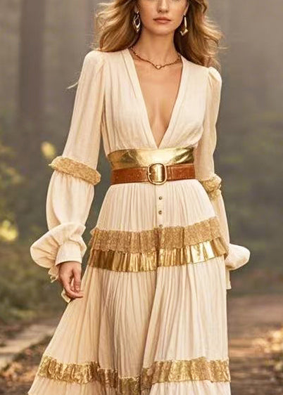 French Beige Deep-v Neck Patchwork Cinched Dresses Lantern Sleeve