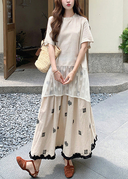Loose Apricot O Neck Lace T Shirt and Skirts Linen Two Pieces Set Summer