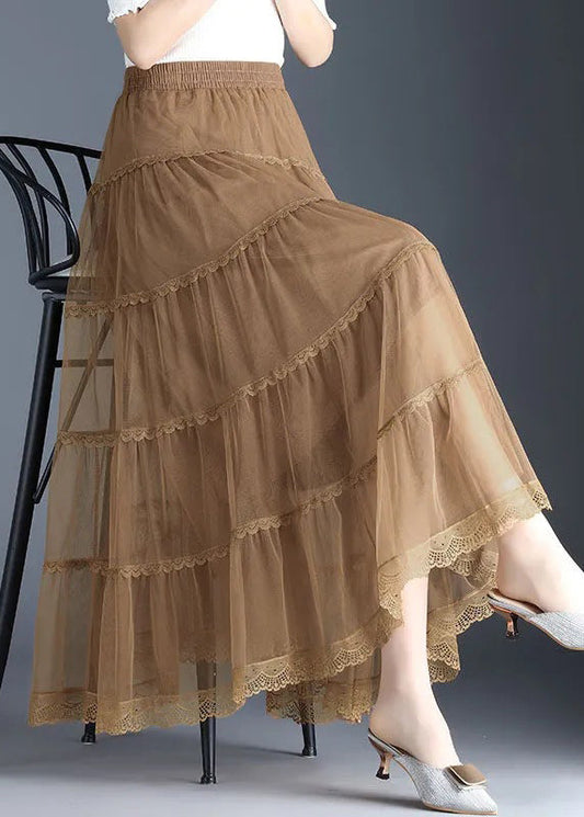 Khaki Lace Tiered Wrinkled Fall Skirt