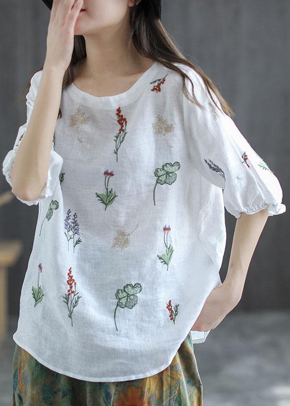 Pink Embroideried O-neck Half Sleeve Ramie Blouses Summer