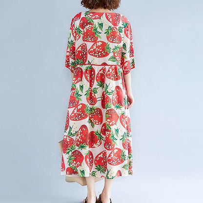 Red Print Natural Chiffon Dress Oversized Dress Boutique Short Sleeve O Neck Extra Large Hem Midi Dress