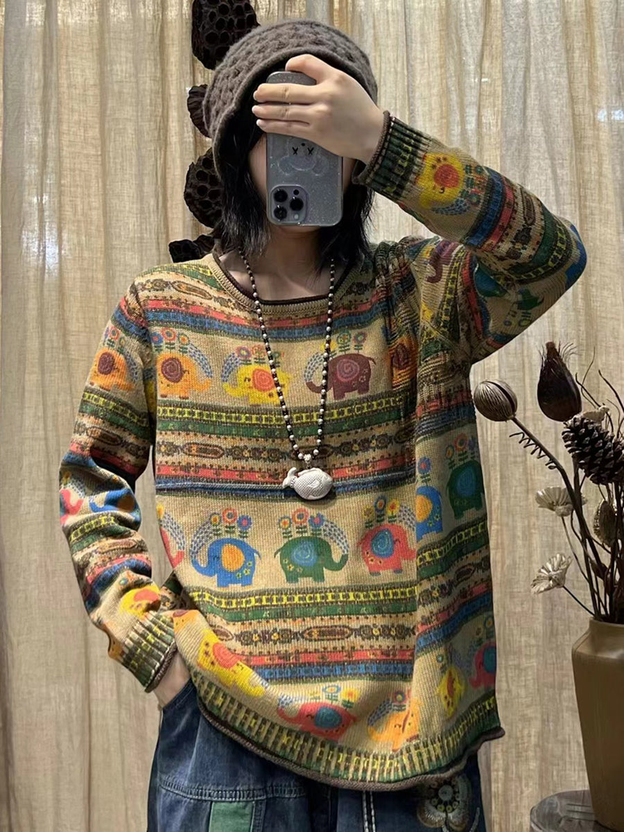 Winter Cotton Print O-neck Loose Sweater